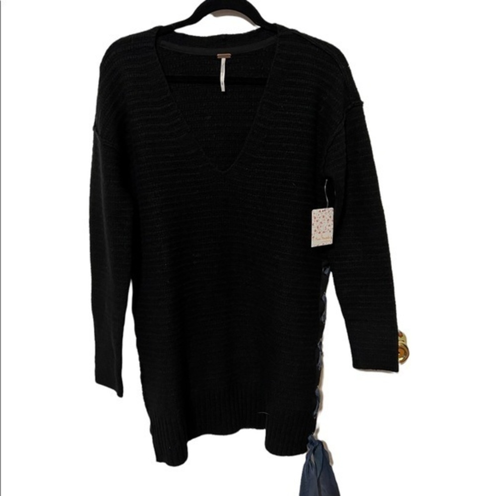 Free People Black Sweater Tie Up Sleeves Long, Tunic Size XS